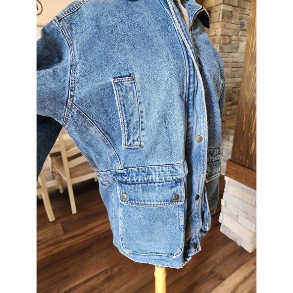 Vintage 80s Yearbook Denim Jacket Oversized Utility‎ Pockets Red Lined Medium - Picture 5 of 12